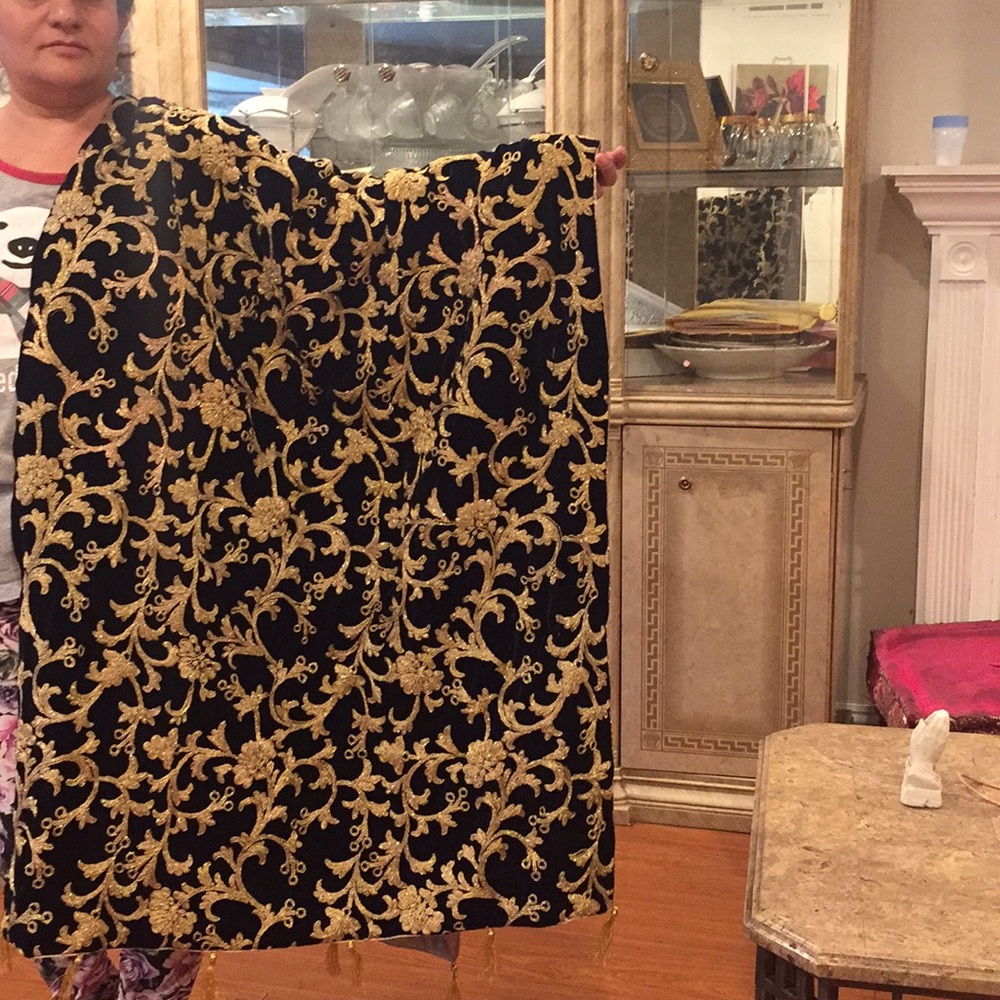 Dark navy blue luxurious shawl with gold tussles